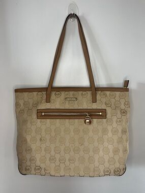 Michael Kors Kempton Large East West Monogram Jacquard Tote Bag Tan